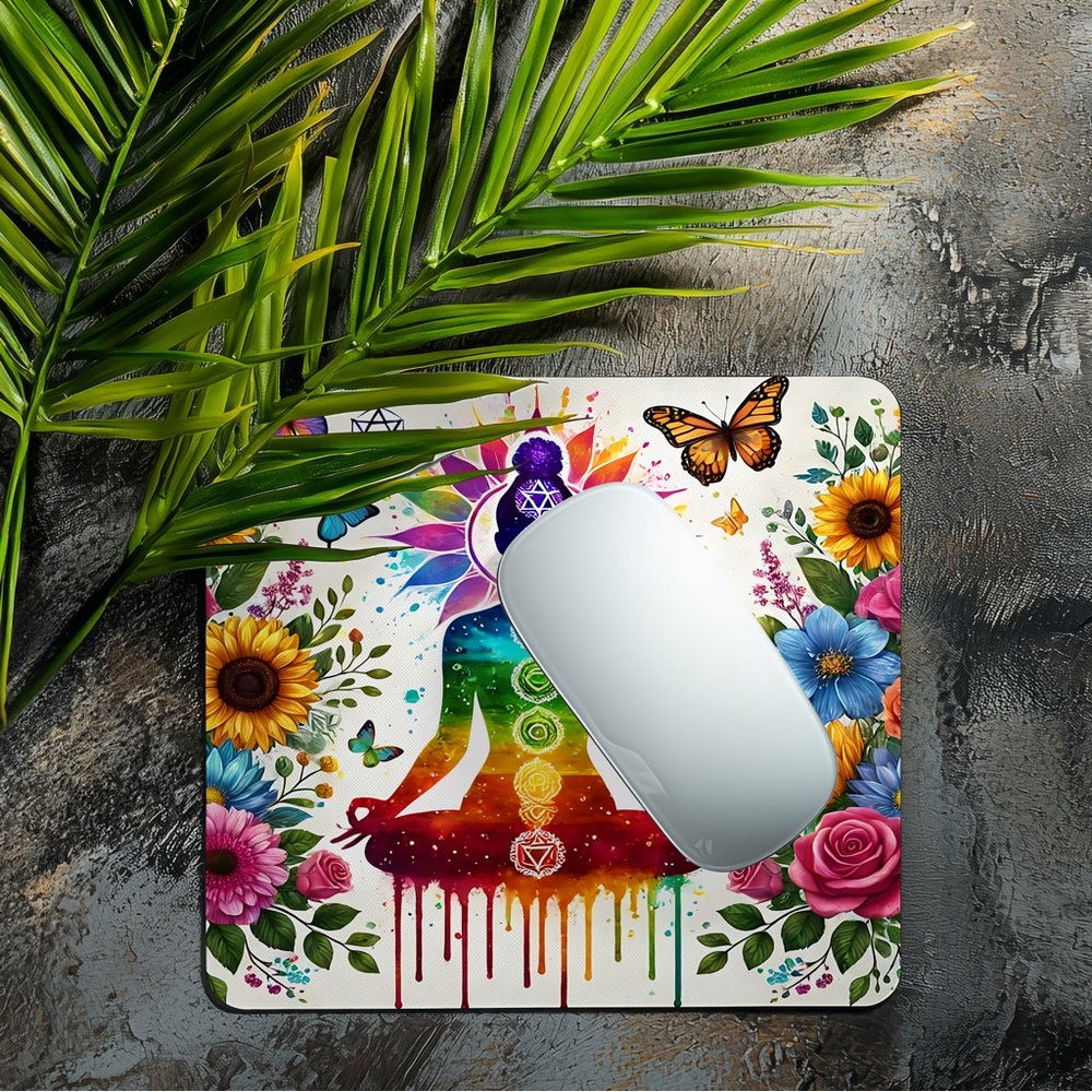 Hand Crafted Rainbow Chakra Meditation Mouse Pad with Floral Accents